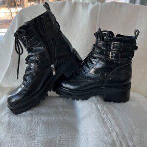 Marc Fisher black ankle combat boots size 6 leather side zipper buckled strap